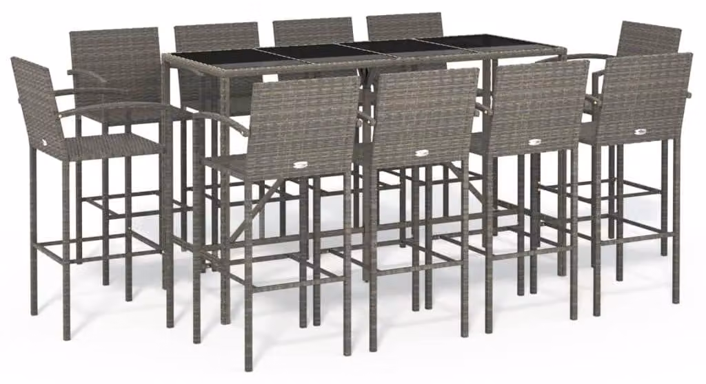 Set da giardino composto da 11 pezzi, colore grigio, realizzato in rattan sintetico