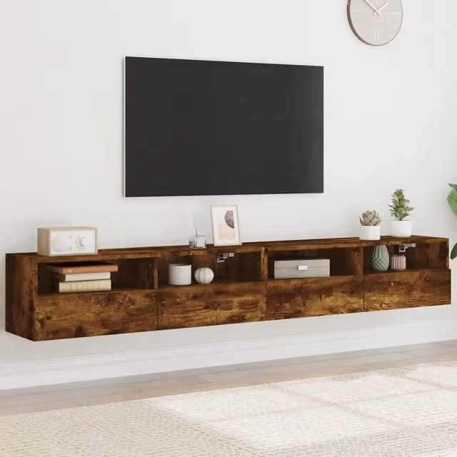 Set di 2 mobili TV da parete moderni in legno multistrato Rovere Fumo, L 100 cm x P 30 cm x H 30 cm – 1