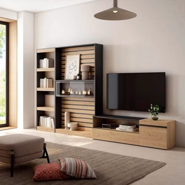 Mobile TV per soggiorno Skraut Home con camino elettrico, colore Rovere e nero, L: 320 cm, P: 35 cm, H: 186 cm