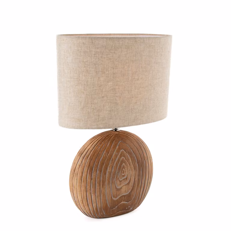 Lampada da tavolo con base in Vetroceramica effetto legno e paralume in tessuto di lino beige alta 53 cm