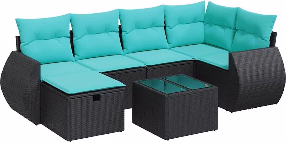 Set Divani da Giardino con Cuscini 7pz Nero Polyrattan