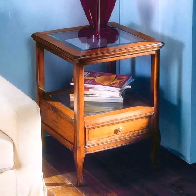 Tavolino classico Mobili 2G in legno e vetro con un cassetto, finitura beige e marrone, L: 55 cm, P: 55 cm, H: 70 cm – 1