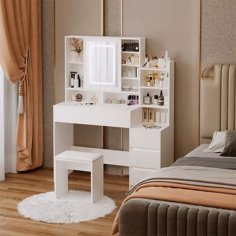 Set toeletta da trucco con sgabello e specchio LED Hollywood stile glamour REBIKO colore bianco – 2