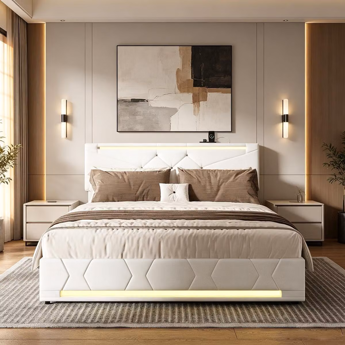Letto con rete a molle INONEFT, 140x200 cm, letto imbottito con spazio contenitore ad apertura idraulica, letto matrimoniale per ragazzi con illuminazione LED e prese USB, colore beige lino