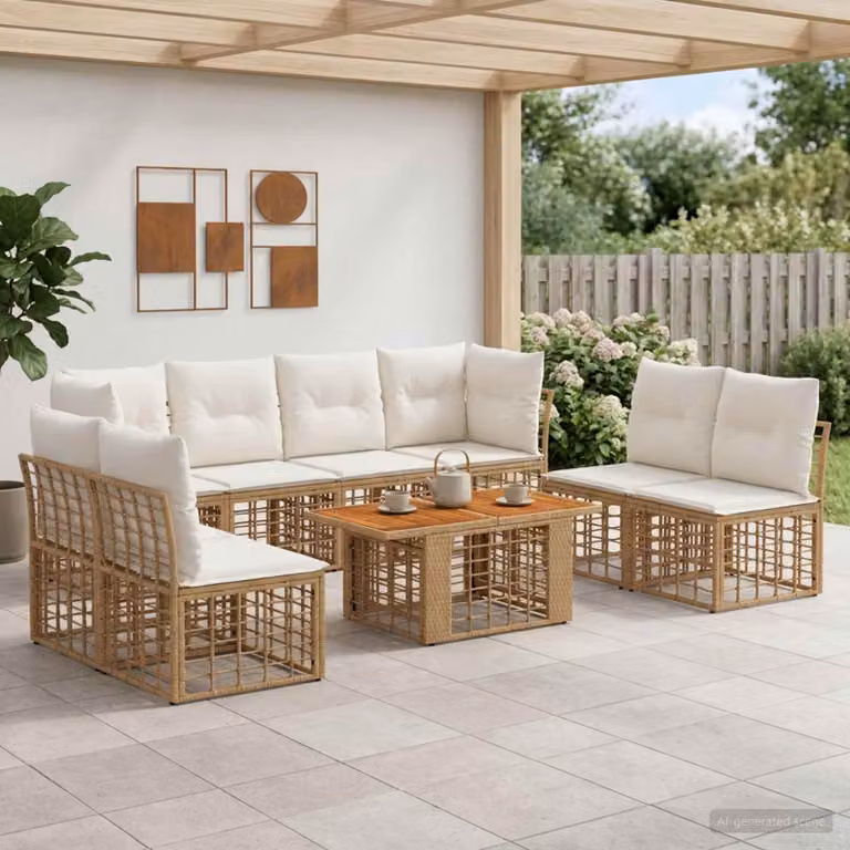 Set Divano da Giardino vidaXL 9 Pezzi in Polyrattan con Tavolino e Cuscini, Design Moderno a U, Colore Naturale e Bianco Crema
