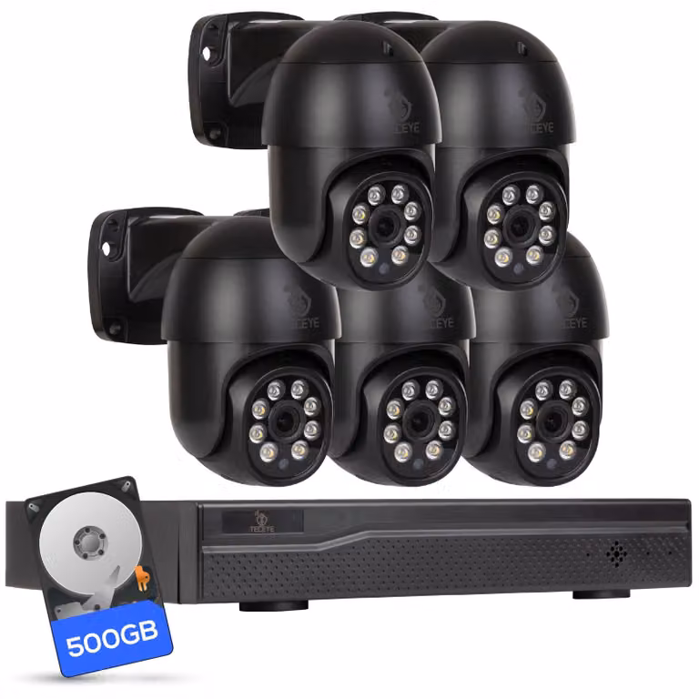 Telecamera di sicurezza esterna - Set di 5 unità, risoluzione 5MP - Hard disk da 500GB - Visione notturna fino a 20 metri - PoE e controllo PTZ