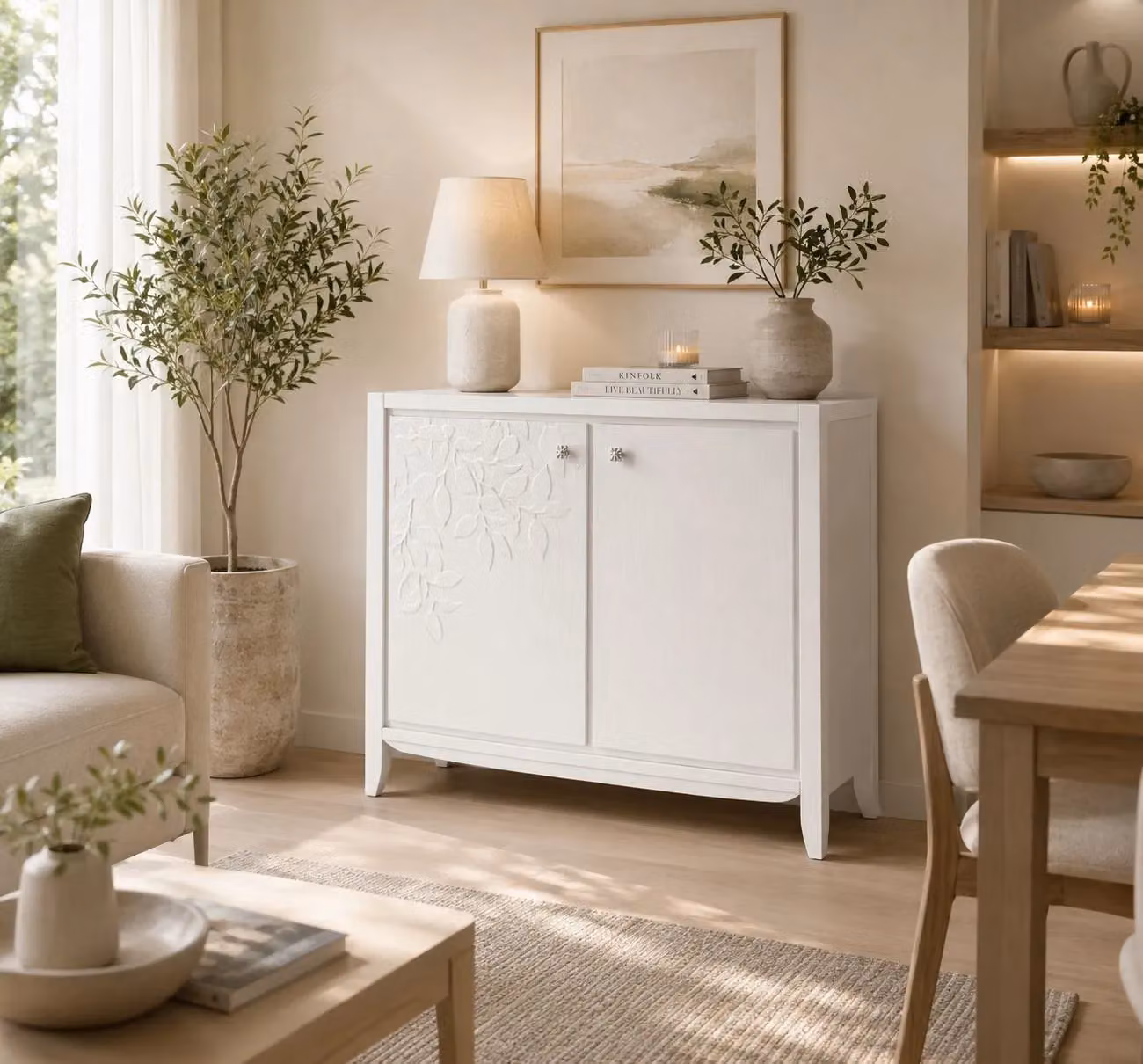 Madia credenza per soggiorno Mobili 2G in legno massello con decoro floreale intagliato, colore naturale, L: 125 cm, P: 50 cm, H: 100 cm – 2