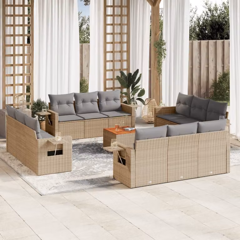 vidaXL Set Divano da Giardino 13 pz in Polyrattan Beige con Cuscini e Tavolino da Esterno