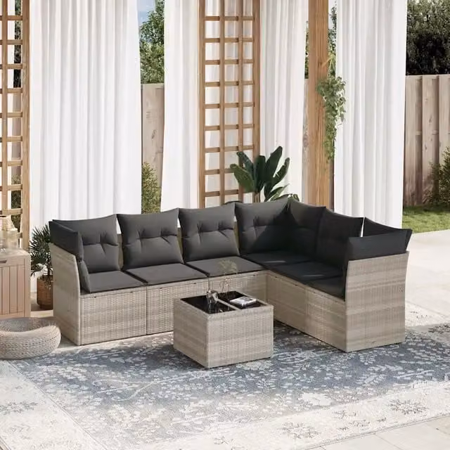 Set Divani da Giardino 7pz con Cuscini Grigio Chiaro Polyrattan 3217692