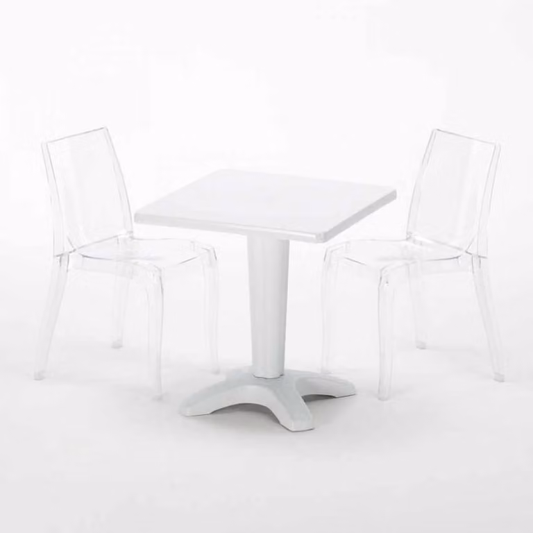 Tavolo quadrato bianco e 2 sedie Set di aste per interni in polipropilene colorato Grand Soleil Cristal Light Terrace - Trasparente