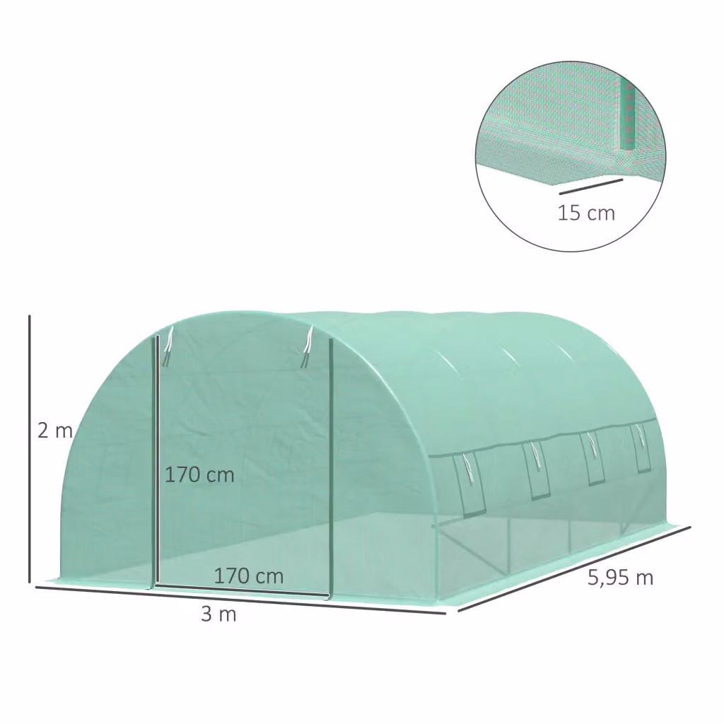 Serra a tunnel WISHDOR in PE verde con finestre e porte arrotolabili L: 595 cm, P: 300 cm, H: 200 cm – 2