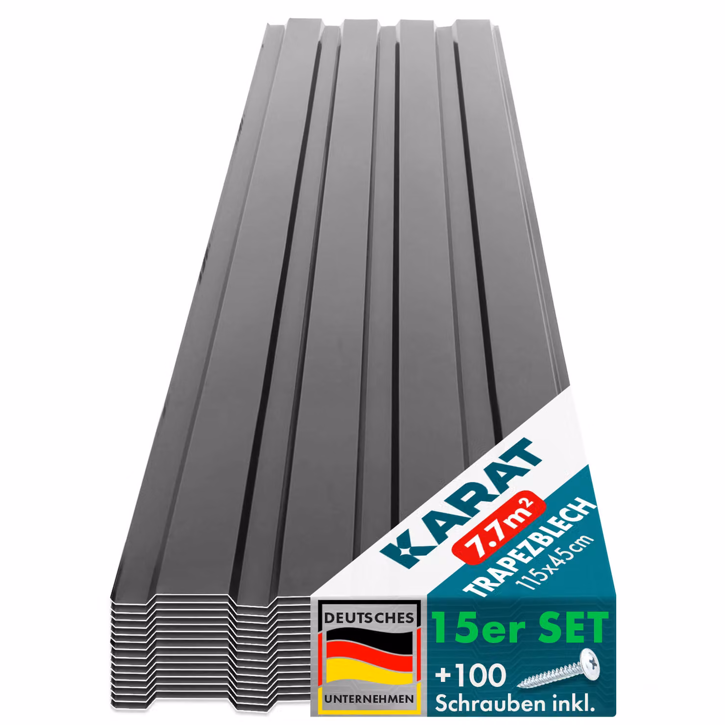 Set di lamiere trapezoidali Karat, 15 pezzi, 115x45 cm, lamiera per tetto 7,7 m² con viti incluse, lamiera zincata per pareti, lamiera profilata resistente alle intemperie per tettoie e casette da giardino, grigio scuro