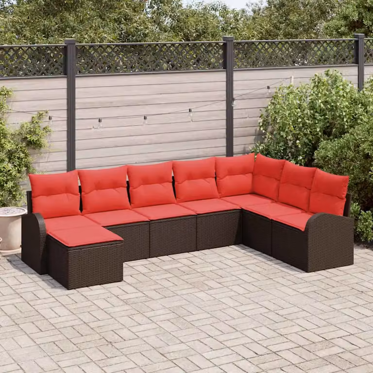 Set di divani da giardino vidaXL a forma di U composto da 8 pezzi in rattan con cuscini marroni e rossi