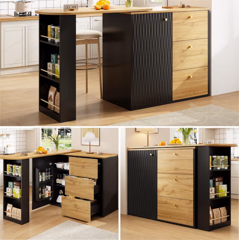Sweiko Tavolo da bar allungabile con vano portaoggetti (138-204×39×104 cm), bar da pranzo girevole a 360°, moderno tavolo da bar mobile, tavolo alto da cucina ad isola bistrot, credenza con venature del legno