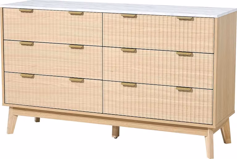 SucceBuy cassettiera con 6 cassetti e protezione antiribaltamento, mobile moderno e minimalista (399 x 1372 x 813 mm) per soggiorno, camera da letto e corridoio (legno chiaro)