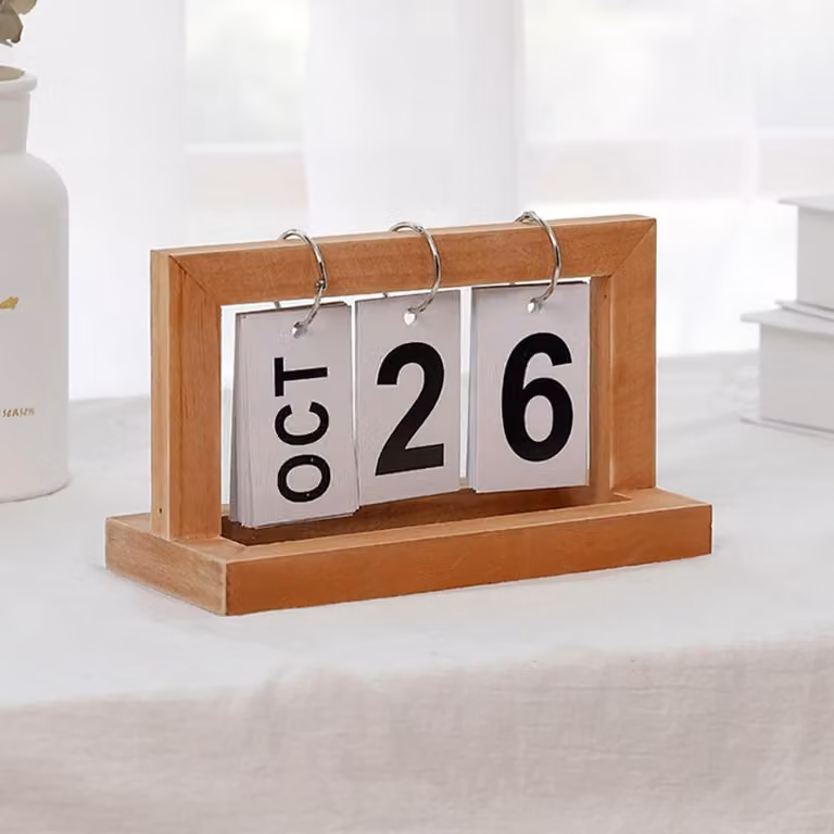 Calendario perpetuo in legno, calendario a ribalta per scrivania, decorazione, 20 x 9 x 12 cm, colore giallo