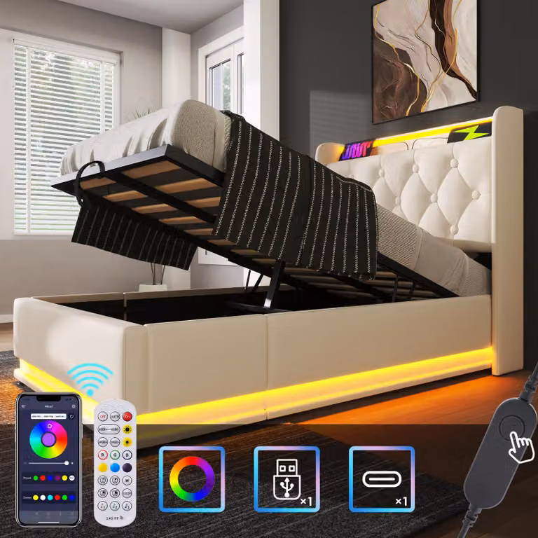 Letto imbottito letto singolo, LDE 90 x 200 cm, materialePoliuretanobianco Letto contenitore idraulico, testata con USB Type-C Senza materasso