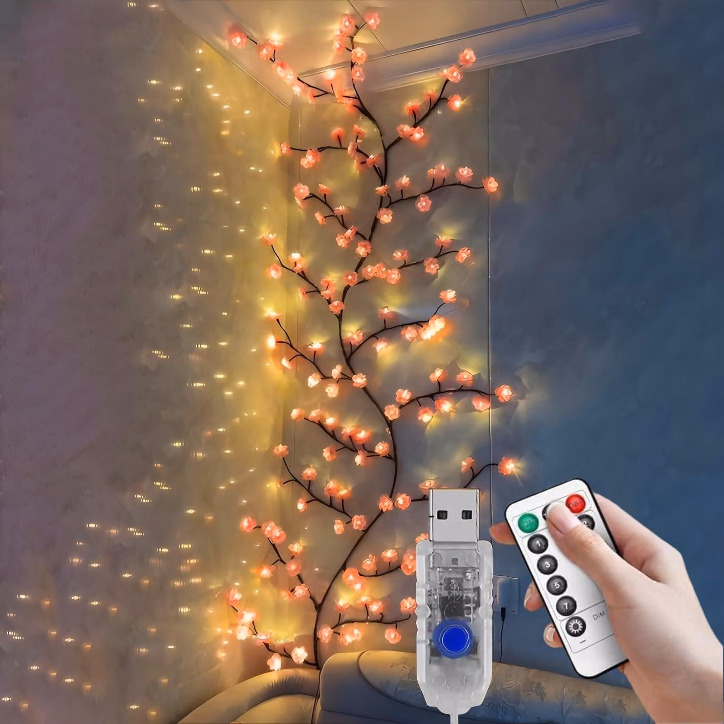 Catena luminosa a LED con motivi di fiori di ciliegio, 144 LED, 2,3 metri, alimentazione USB, con telecomando