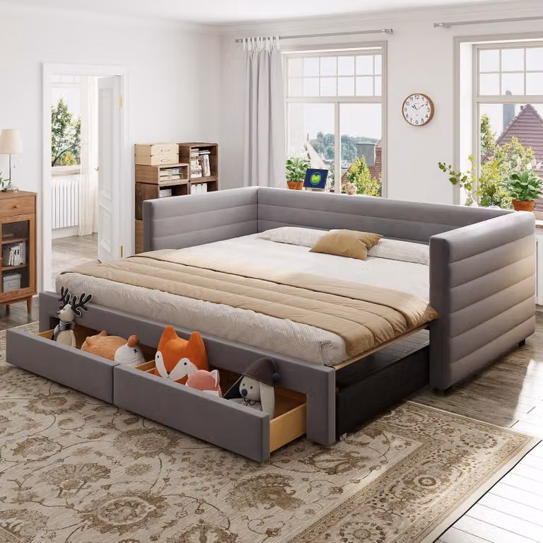 Divano letto Flieks Letto imbottito 90x190cm con letto estraibile, daybed Daybed con 2 cassetti, divano letto Letto singolo con rete a doghe, tessuto velour, grigio