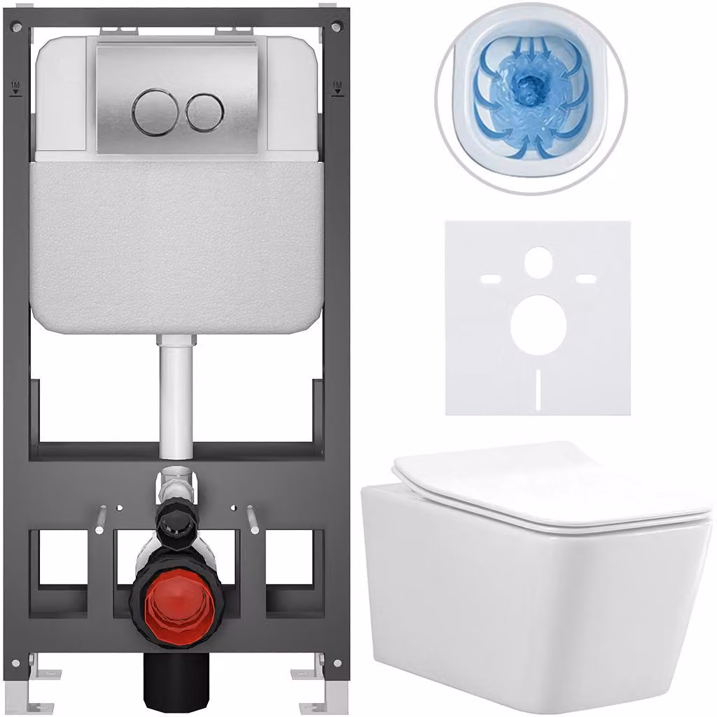 CERANO - Set WC da incasso Forte - bianco lucido - pulsante Prime/Duoalo, argento - a pavimento - installazione pre-parete/cartongesso - 51x36 cm