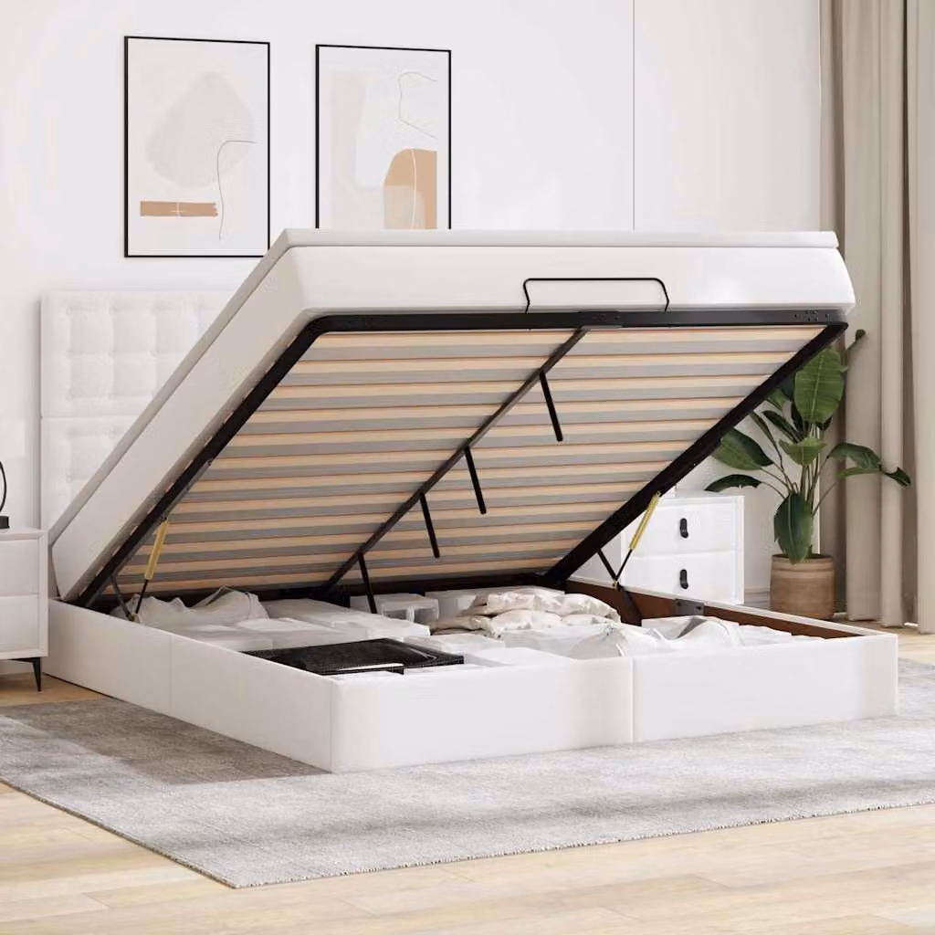 Letto con contenitore a sollevamento vidaXL in similpelle bianco con materasso e porte USB L/P/H: 160 x 200 x 203 cm