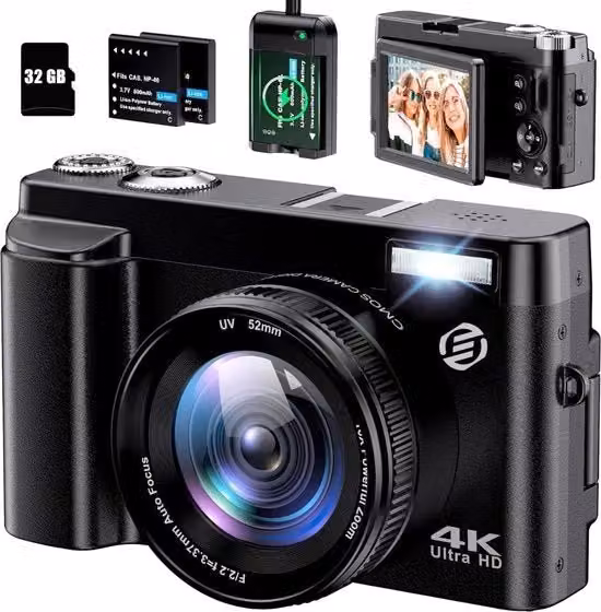 Fotocamera Digitale Compatta per Vlog e Video YouTube e TikTok, Colore Nero