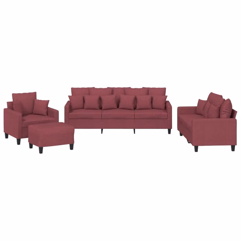 Set di Divani 4 pz con Cuscini Rosso Vino in Tessuto