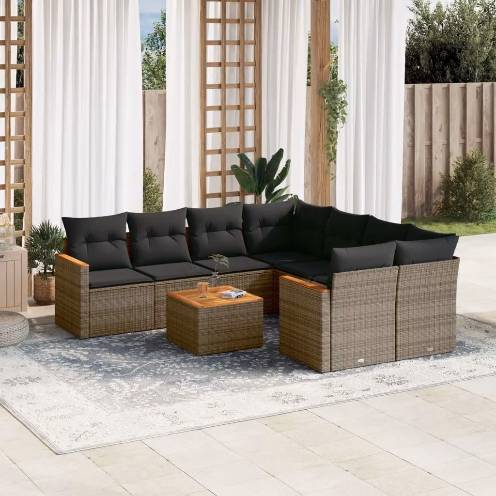 vidaXL Set Divano da Giardino a L 9 pz con Cuscini Grigio in Polyrattan e Tavolino – 1