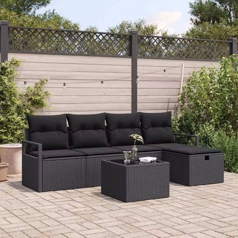 Set di divani da giardino vidaXL a forma di L con tavolo e pouf, 6 pezzi, Nero