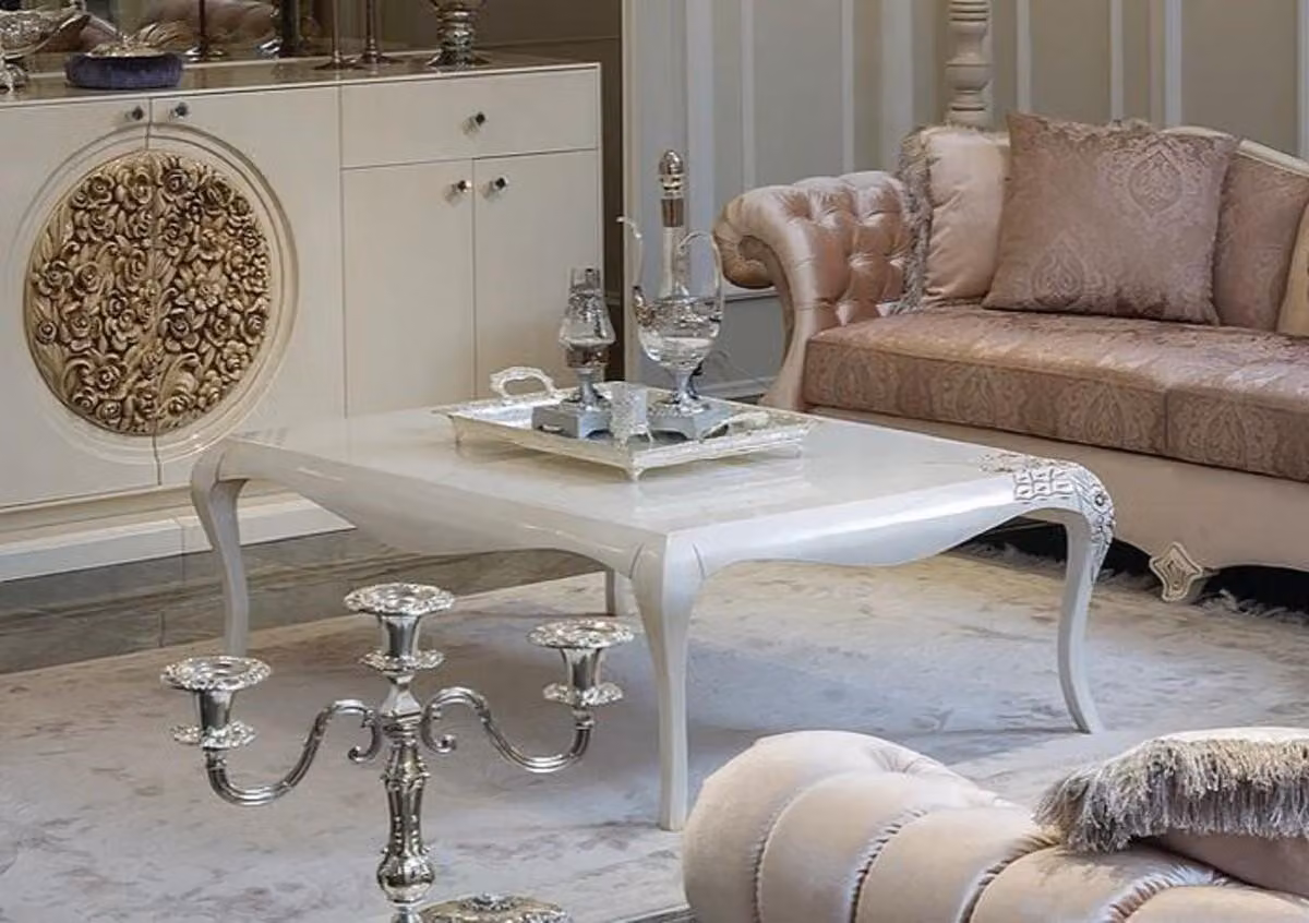 Casa Padrino tavolino barocco bianco/beige 128 x 94 x H. 45 cm - Elegante tavolino da salotto in legno massiccio in stile barocco - Mobili barocchi