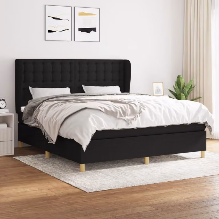 The Living Store Letto a molle con materasso nero 180x200 cm in tessuto