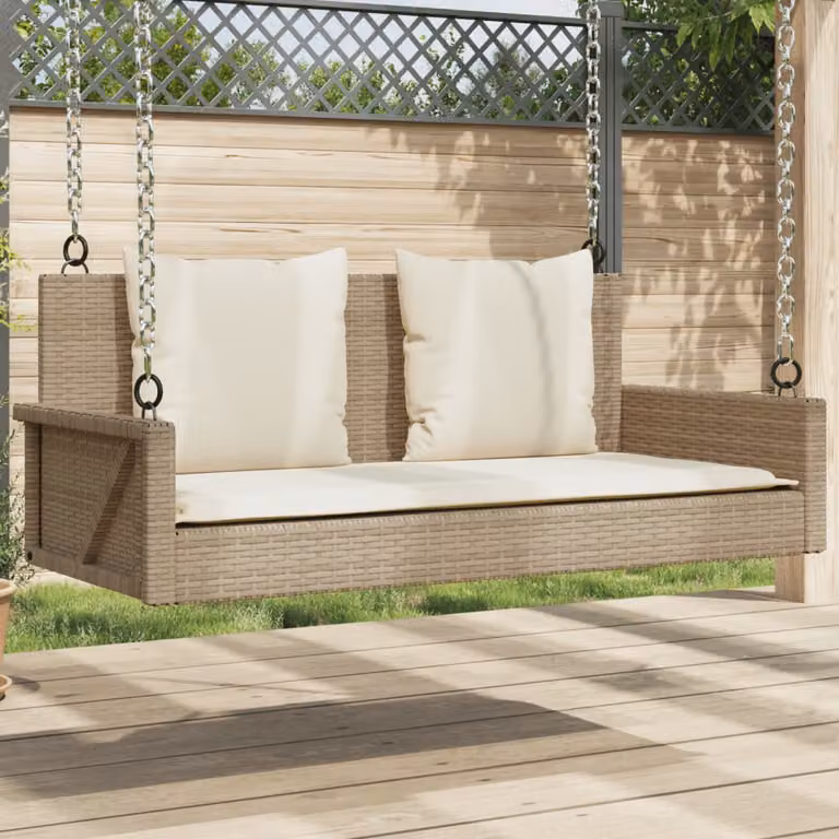 Panchina a dondolo vidaXL in polyrattan beige con cuscini L: 119 cm, P: 56 cm, H: 48 cm