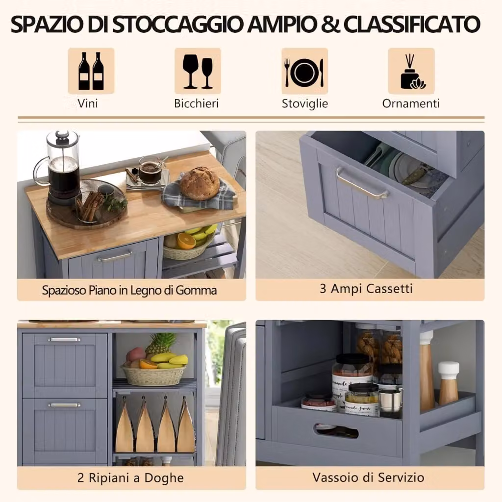 Carrello da Cucina con Ruote COSTWAY in Legno Grigio con 4 Ripiani e 3 Cassetti, L: 67 cm, P: 37 cm, H: 83,5 cm – 2