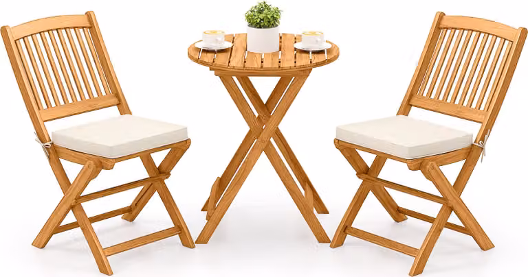 COSTWAY Set di mobili da giardino 3 pezzi, tavolo bistrot con 2 sedie, gruppo di sedute per balcone pieghevole con 2 cuscini, set da giardino, gruppo di sedute in legno di acacia beige