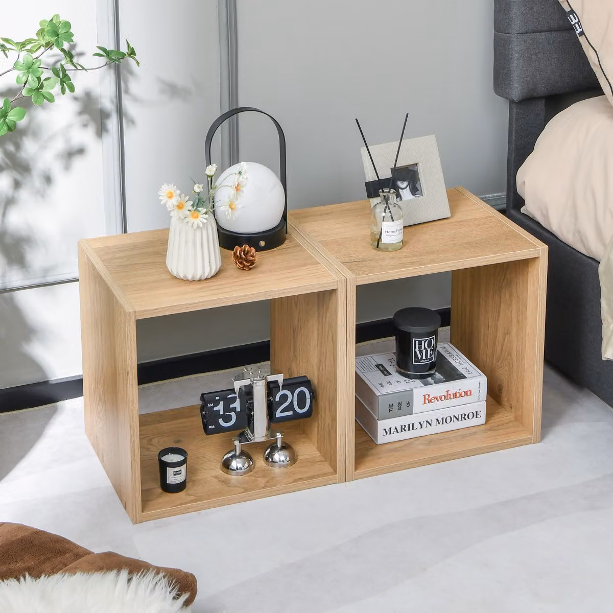 Costway Set di 2 organizzatori a cubo da pavimento, 2 cubi modulari fai da te per il soggiorno lo studio Legno naturale