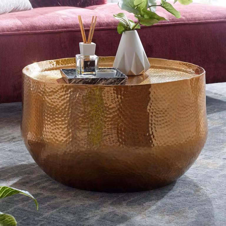 FineBuy tavolino in alluminio 60x60x35 cm tavolo da salotto colpo di martello | Design tavolino rotondo alluminio orientale | Ma