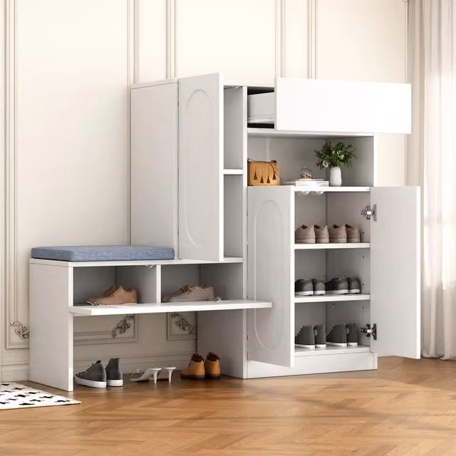 Scarpiera Panca 2 in 1 con Ante e Seduta Imbottita ¨C MINIMAL ¨C Bianco, 130x35x110 cm