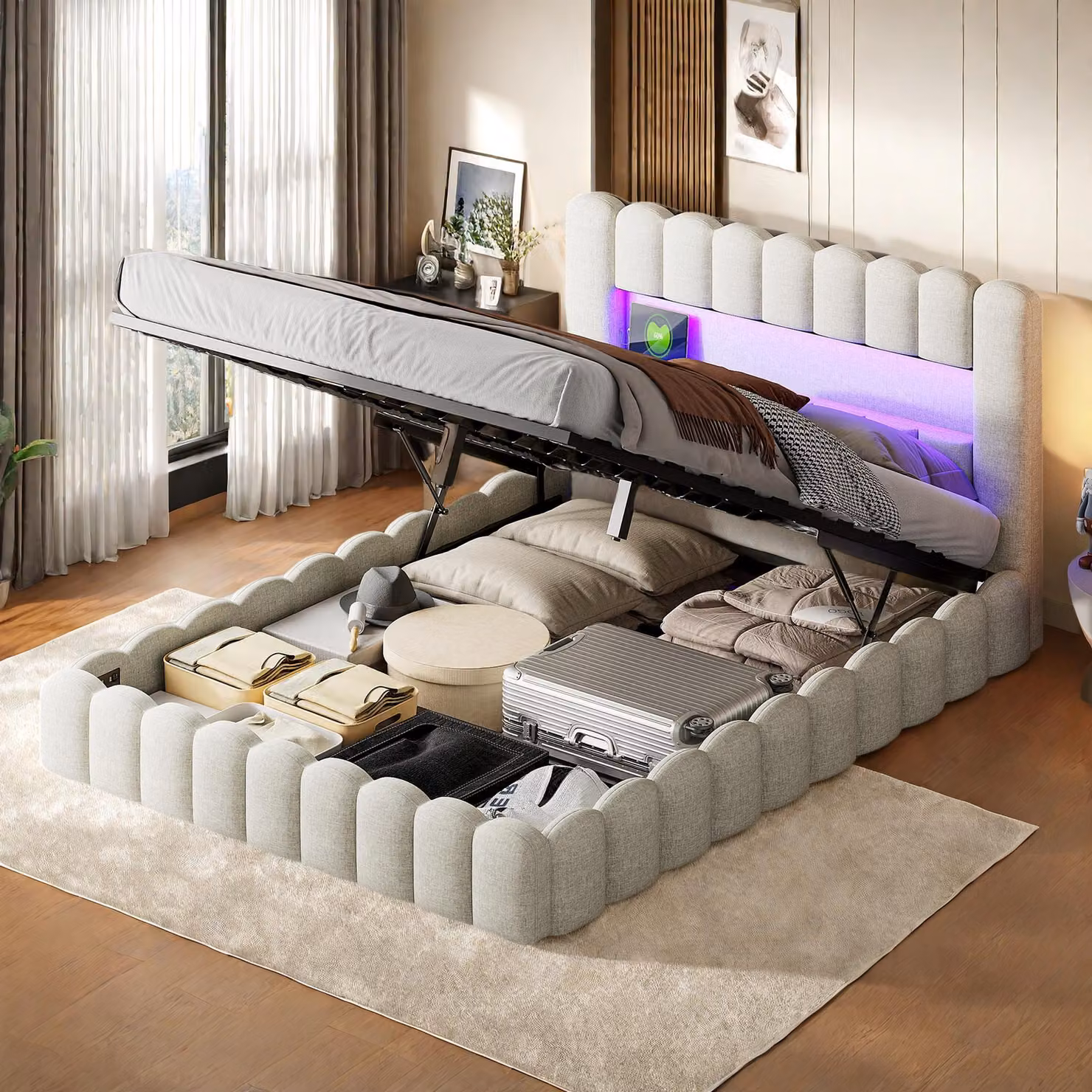 Struttura letto matrimoniale 160 x 200 cm, beige, con vano contenitore, luci LED, tessuto di lino, testiera e stazione di ricarica