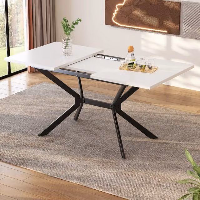 Tavolo allungabile da pranzo per 4-6 persone in MDF bianco con gambe in metallo nero 120/160 × 80 cm