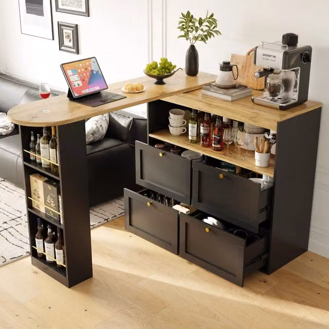 Mobile contenitore modulare con 4 cassetti e ripiani laterali girevoli a 360 gradi in MDF nero per soggiorno e studio