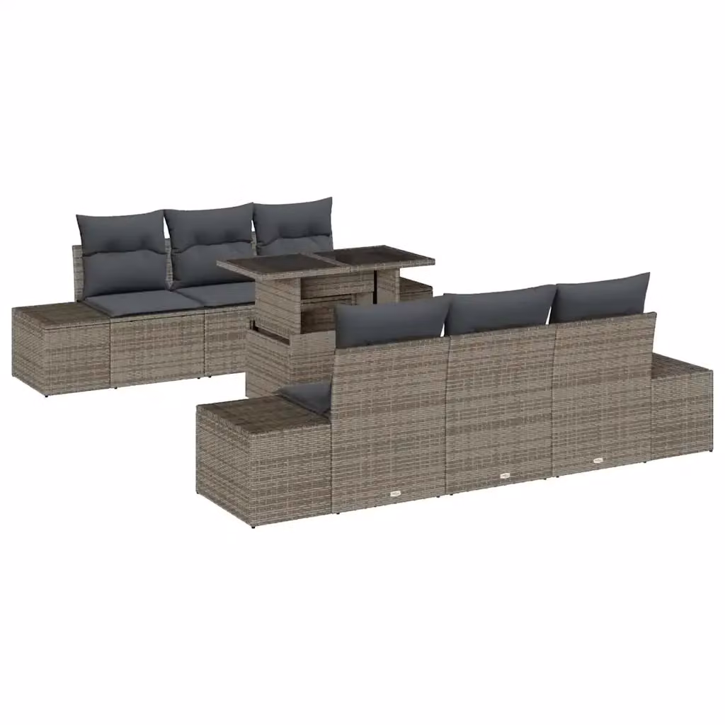 Set di divani da giardino vidaXL a forma di L in polyrattan grigio con cuscini e tavolino da caffè in vetro, 7 pezzi – 2