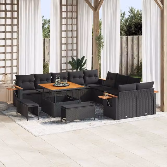 Set Divano da Giardino vidaXL a Forma a U con 12 Posti, Colore Nero, con Cuscini e Tavolino, Struttura in Metallo e Accacia – 1