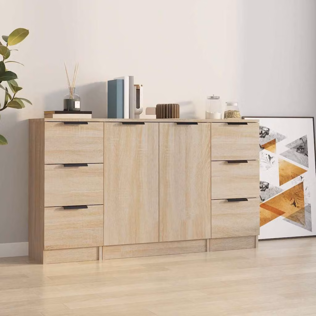 Set di 3 credenze vidaXL in legno multistrato color rovere sonoma per sala da pranzo, modello minimalista da parete