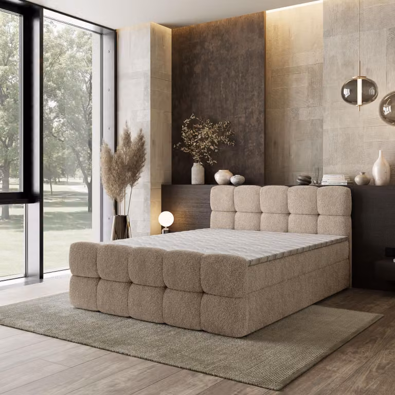 Letto boxspring Masseno BRUME 140x200 cm, set completo con materasso Bonell e topper, letto imbottito con cassetti - Beige, QUELLE 05