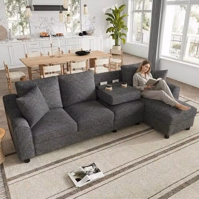 Divano angolare 3 posti con chaise longue contenitore ¨C Minimal ¨C grigio tessuto chenille 280x136x82cm