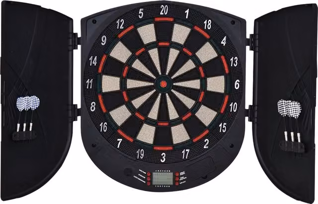 Bersaglio Freccette Elettronico HOMCOM per 8 Giocatori con 6 Freccette, Schermo LCD, 2 Porte e 26 Modalità di Gioco, Nero e Arancione – 1