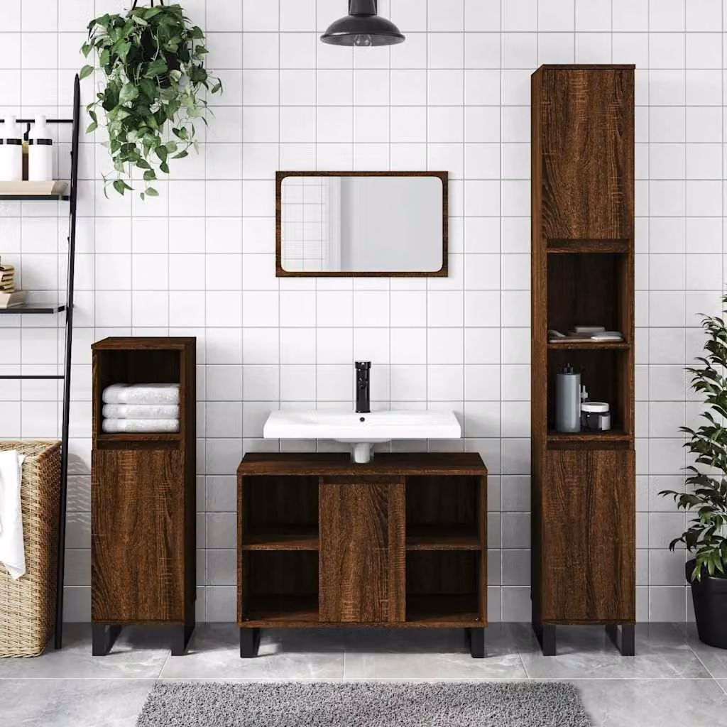 Armadietto da bagno vidaXL in legno rovere marrone con ante a battente e ripiani interni, L 80 cm x P 33 cm x H 60 cm