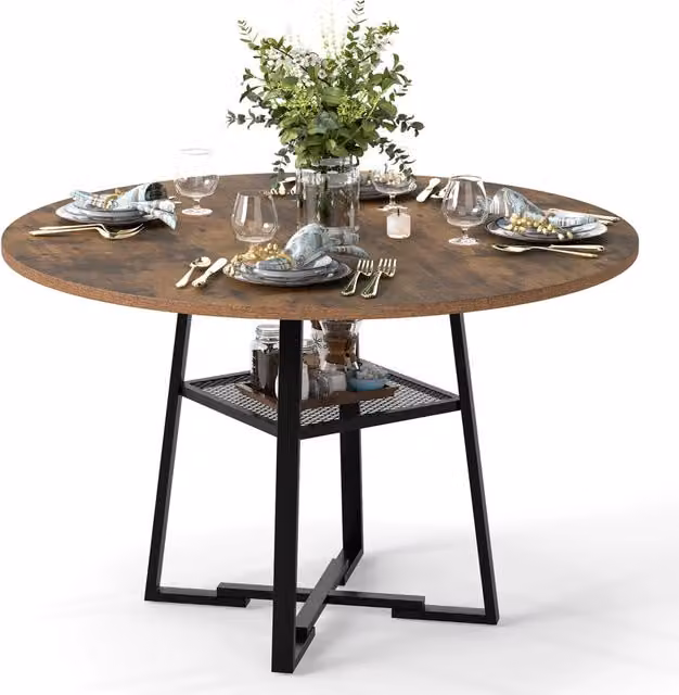 Tavolo da pranzo rotondo 120 cm per 4 a 6 persone stile industriale, Tavolo da cucina per sala da pranzo soggiorno Marrone