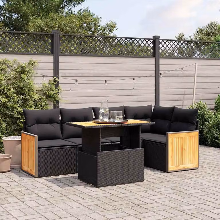 vidaXL Set Divano da Giardino 6 pz in Polyrattan Nero con Cuscini e Tavolino da Esterno