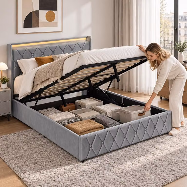 Letto imbottito INONEFT, 140x200 cm, con LED e USB, letto matrimoniale per ragazzi con spazio contenitore a sollevamento idraulico, struttura letto contenitore con rete a doghe, in velluto, colore grigio